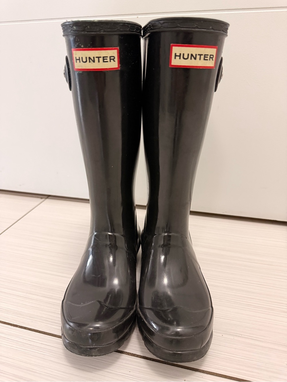 Hunter Glossy Black Tall Rubber Rain Boots with Red Logo Trim
